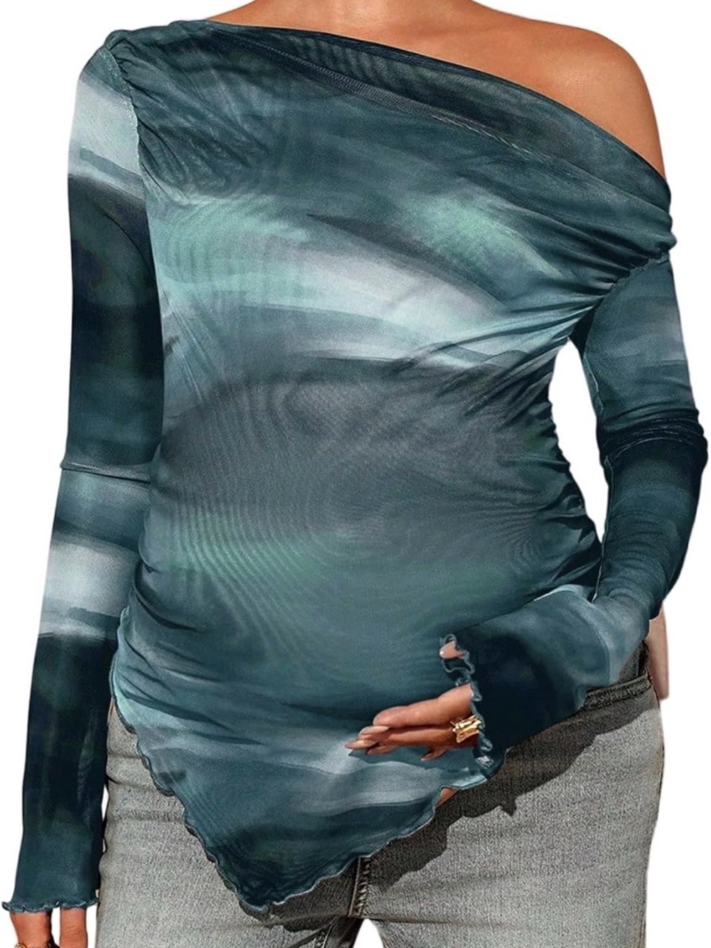 Off-Shoulder Long Sleeve Maternity Top in Teal Green Tie Dye